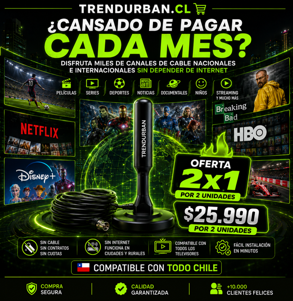 UrbanSignal Pro® 2x1 - Antena Digital 4K UHD Profesional +3000 Canales
