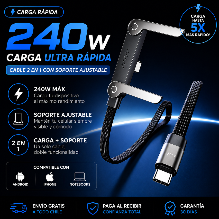 Promo 2x1 | Cable Cargador Rápido 240W Con Soporte Integrado 1.5 Metros
