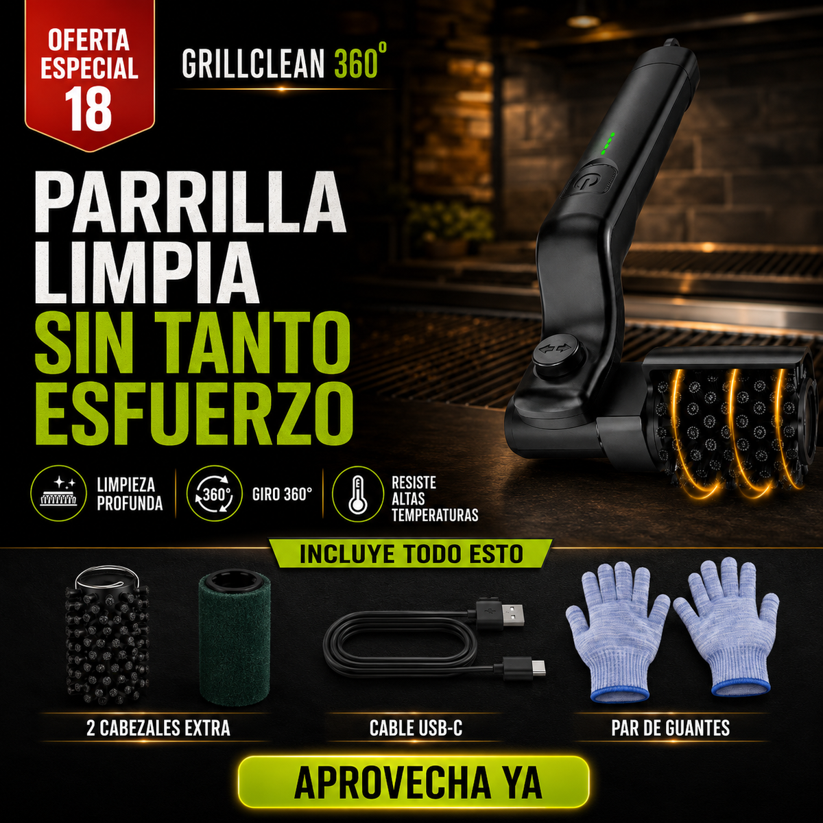 Grill Clean® Cepillo Eléctrico Recargable con Giro 360° Para Limpiar Parrillas