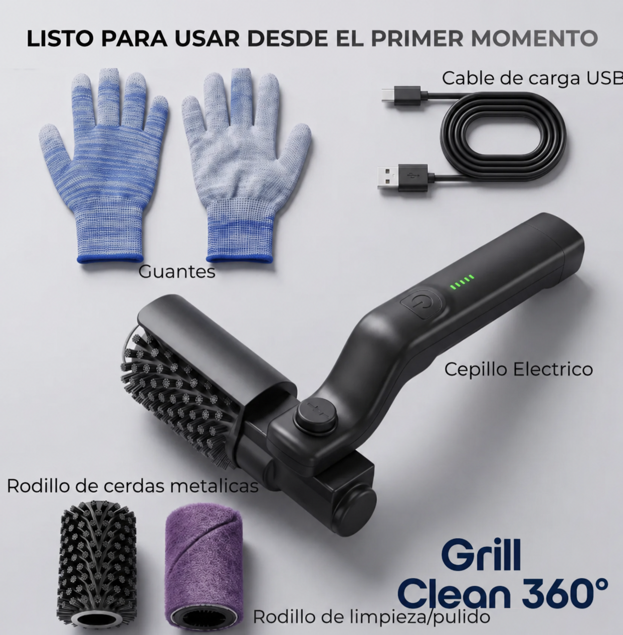 Grill Clean® Cepillo Eléctrico Recargable con Giro 360° Para Limpiar Parrillas