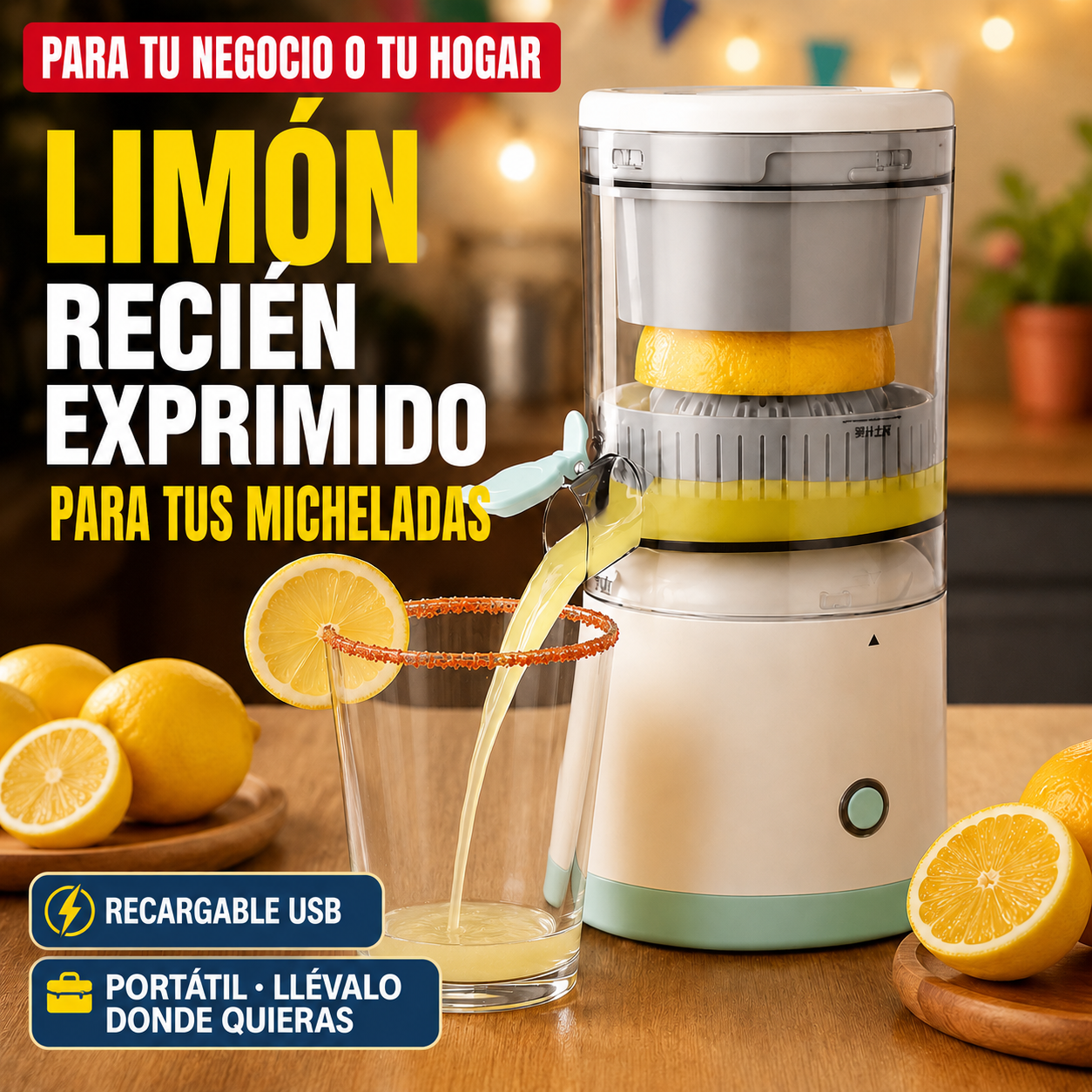 Exprimidor Eléctrico Portátil Recargable Exprime Rápido y Fácil