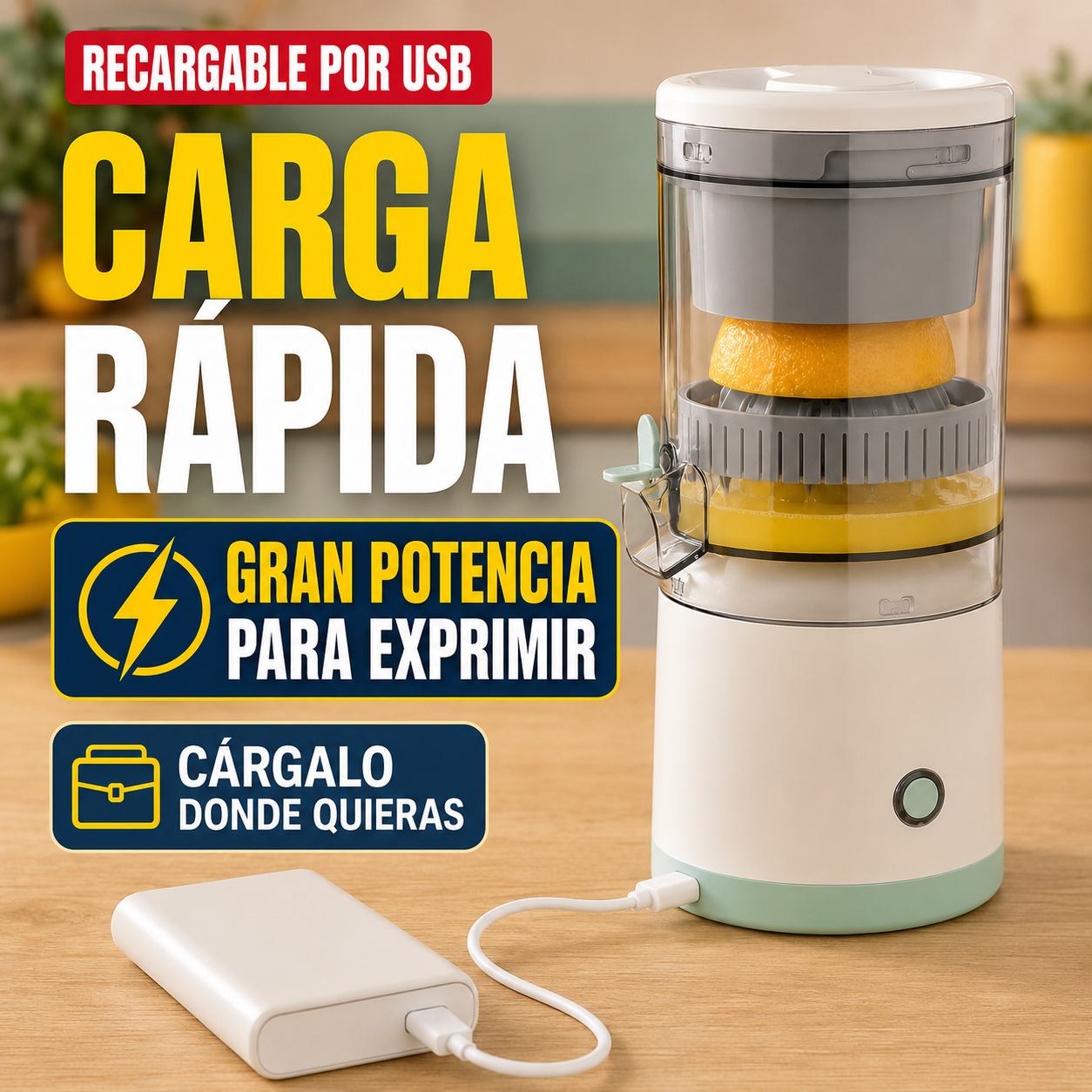 Exprimidor Eléctrico Portátil Recargable Exprime Rápido y Fácil