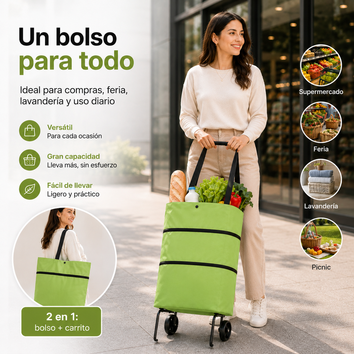 Bolso Plegable con Ruedas 2 en 1