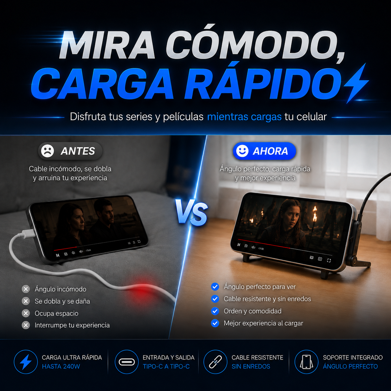 Promo 2x1 | Cable Cargador Rápido 240W Con Soporte Integrado 1.5 Metros
